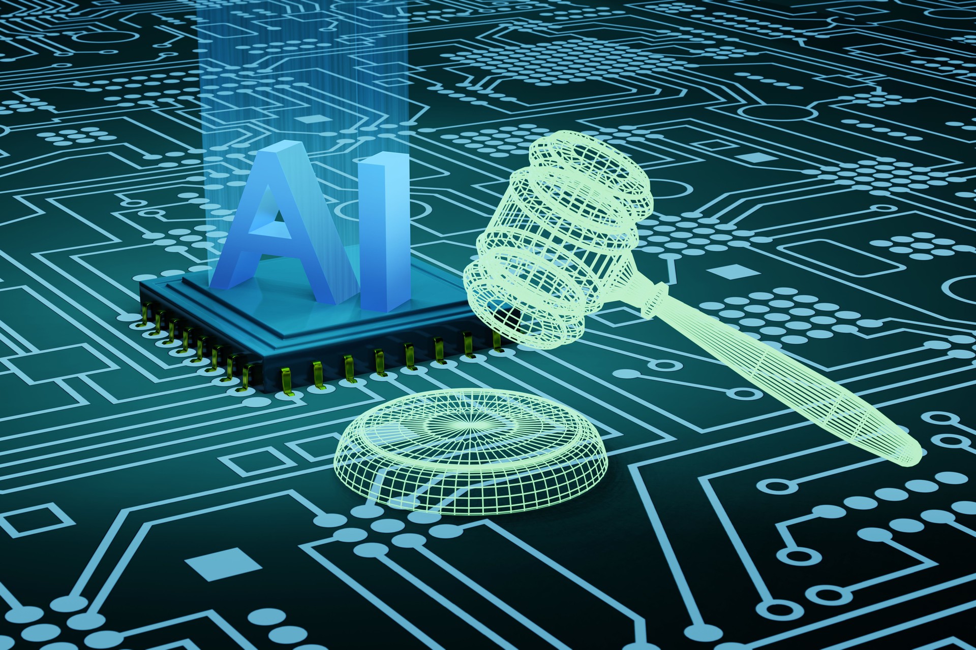 Alphabets AI on advanced central processing unit (CPU) chip and gavel and sound block in wireframe on electronic mother boards. Illustration of the concept of legislation and regulations of AI Act